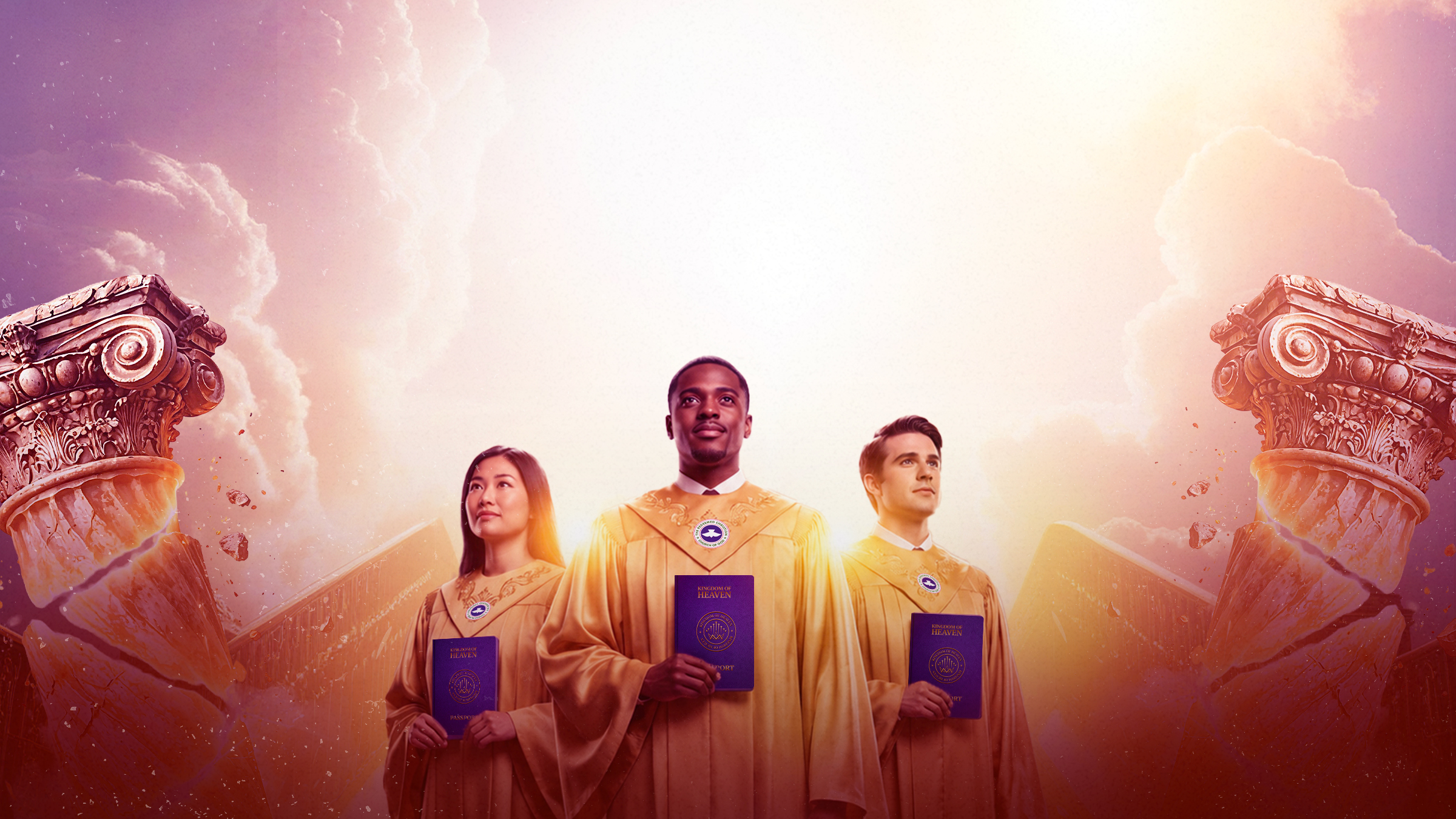 Young citizens of Heaven in golden robes holding Kingdom of Heaven passports — IYC 2026