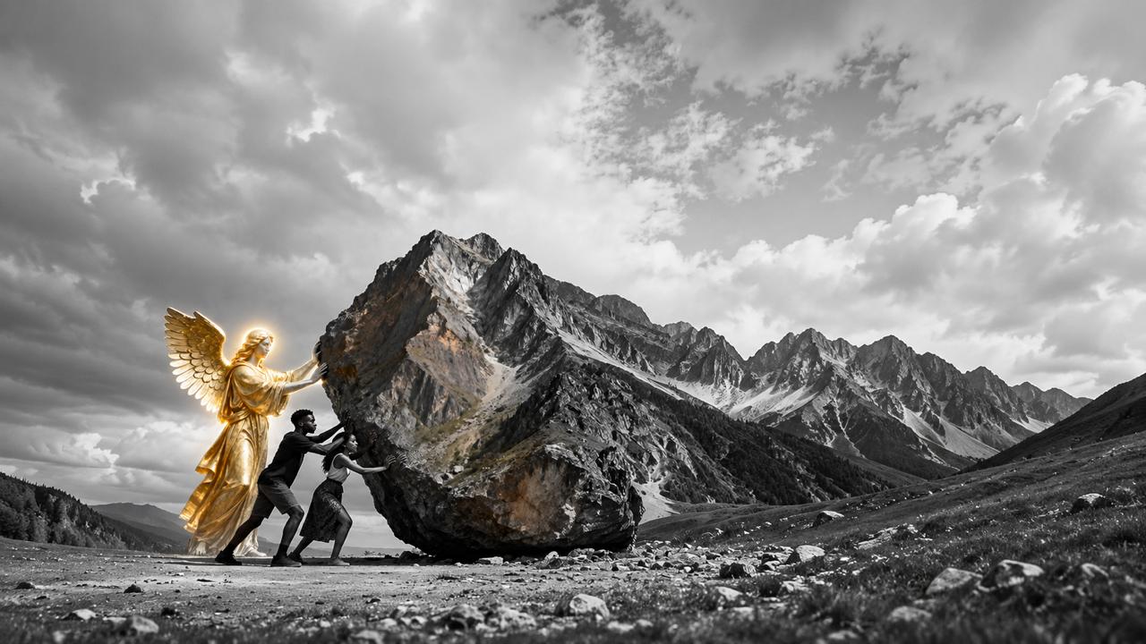 A figure moving a mountain, aided by an angel — Mountain Movers 2026